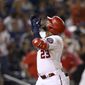 Washington Nationals&#39; Nelson Cruz celebrates his home run against the Chicago Cubs during the eighth inning of a baseball game Monday, Aug. 15, 2022, in Washington. The Nationals won 5-4. (AP Photo/Nick Wass)