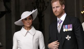 Prince Harry and Meghan, Duchess of Sussex leave after a service of thanksgiving for the reign of Queen Elizabeth II at St Paul&#39;s Cathedral in London, Friday, June 3, 2022 on the second of four days of celebrations to mark the Platinum Jubilee. Prince Harry and his wife Meghan, the Duchess of Sussex, will visit the U.K. in September for the first time since they returned for Queen Elizabeth II’s Platinum Jubilee celebrations. A spokesperson for the couple said they will “visit with several charities close to their hearts” in the U.K. and Germany. (AP Photo/Matt Dunham, Pool, File)
