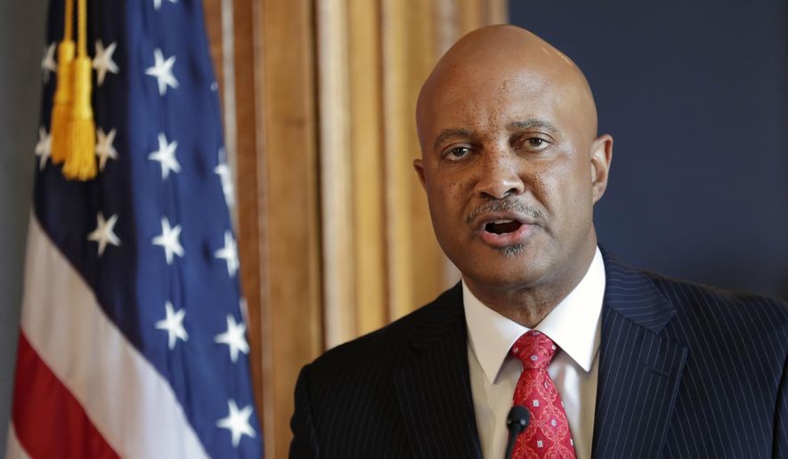 Indiana Attorney General Curtis Hill speaks during a news conference at the Statehouse in Indianapolis, July 9, 2018. Hill, whose time in office was marred by allegations that he drunkenly groped four women during a party, filed Monday, Aug. 15, 2022, to seek the Republican nomination to replace U.S. Rep. Jackie Walorski following her death in a highway crash. (AP Photo/Michael Conroy, File)