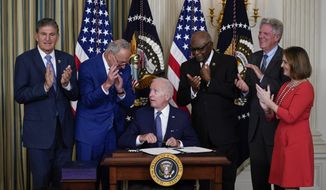 President Joe Biden signs the Democrats&#39; landmark climate change and health care bill in the State Dining Room of the White House in Washington, Tuesday, Aug. 16, 2022, as from left, Sen. Joe Manchin, D-W.Va., Senate Majority Leader Chuck Schumer of N.Y., House Majority Whip Rep. James Clyburn, D-S.C., Rep. Frank Pallone, D-N.J., and Rep. Kathy Castor, D-Fla., watch. (AP Photo/Susan Walsh) ** FILE **