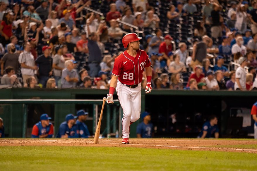 Washington Nationals outfielder Lane Thomas (28) hits a home run against the Chicago Cubs from Nationals Park, Washington, D.C., August 16th, 2022 (Photography: All-Pro Reels / Liam Brennan)