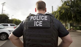 A U.S. Immigration and Customs Enforcement (ICE) officer looks on during an operation in Escondido, Calif., July 8, 2019. (AP Photo/Gregory Bull) **FILE**