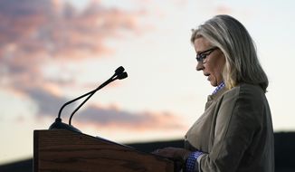 Rep. Liz Cheney, R-Wyo., speaks Tuesday, Aug. 16, 2022, at a primary Election Day gathering in Jackson, Wyo. Cheney lost to Republican opponent Harriet Hageman in the primary. (AP Photo/Jae C. Hong) **FILE**