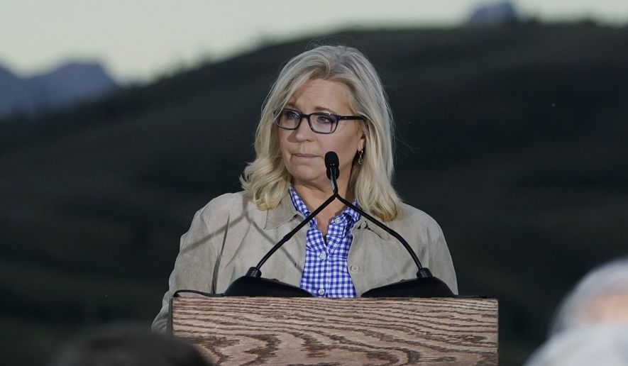 Rep. Liz Cheney, R-Wyo., speaks Tuesday, Aug. 16, 2022, at a primary Election Day gathering at Mead Ranch in Jackson, Wyo. Cheney lost to challenger Harriet Hageman in the primary.  Cheney’s resounding election defeat marks an end of an era for the Republican Party. (AP Photo/Jae C. Hong) ** FILE **
