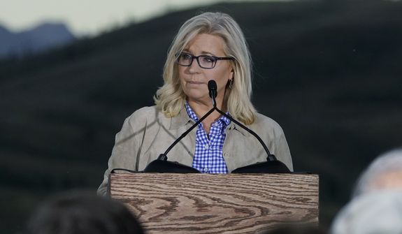Rep. Liz Cheney, R-Wyo., speaks Tuesday, Aug. 16, 2022, at a primary Election Day gathering at Mead Ranch in Jackson, Wyo. Cheney lost to challenger Harriet Hageman in the primary.  Cheney’s resounding election defeat marks an end of an era for the Republican Party. Her loss to Trump-backed challenger is the most high-profile political casualty yet as the GOP transforms into the party of Trump.  (AP Photo/Jae C. Hong)