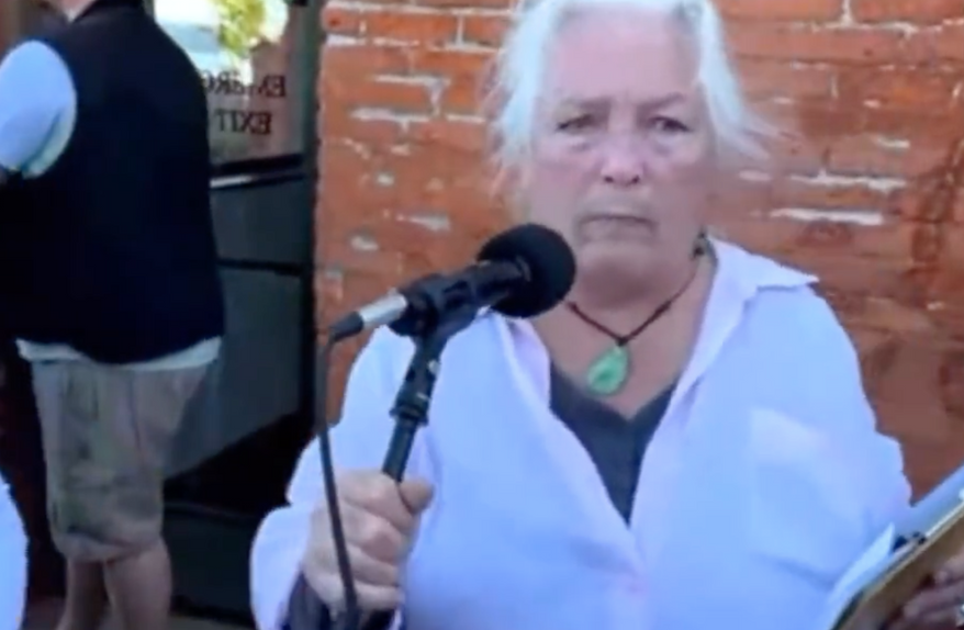 Julie Jaman, 80, spoke at a #LetJulieSwim press conference in Port Townsend, Washington, on Aug. 15, 2022. She was banned from the YMCA Mountain View pool after objecting to a transgender employee in the women&#39;s locker room. (Image courtesy Reduxx media)