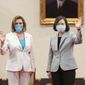 In this photo released by the Taiwan Presidential Office, U.S. House Speaker Nancy Pelosi, left, and Taiwanese President President Tsai Ing-wen wave during a meeting in Taipei, Taiwan, Wednesday, Aug. 3, 2022. The U.S. government has announced talks with Taiwan, Thursday, Aug. 18, 2022, on a trade treaty in a new sign of support for the self-ruled island democracy claimed by China’s ruling Communist Party as part of its territory. The announcement comes after Beijing launched military drills in an attempt to intimidate the island after Pelosi&#39;s visit. (Taiwan Presidential Office via AP, File)