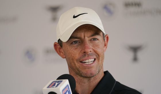 Rory McIlroy, of Northern Ireland, speaks to reporters after participating in the ProAm at the BMW Championship golf tournament at Wilmington Country Club, Wednesday, Aug. 17, 2022, in Wilmington, Del. The BMW Championship tournament begins on Thursday. (AP Photo/Julio Cortez) **FILE**