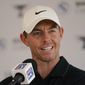 Rory McIlroy, of Northern Ireland, speaks to reporters after participating in the ProAm at the BMW Championship golf tournament at Wilmington Country Club, Wednesday, Aug. 17, 2022, in Wilmington, Del. The BMW Championship tournament begins on Thursday. (AP Photo/Julio Cortez) **FILE**