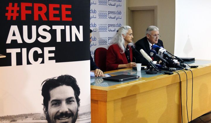 Marc and Debra Tice, the parents of Austin Tice, who is missing in Syria, speak during a press conference, at the Press Club, in Beirut, Lebanon, Dec. 4, 2018. The Syrian Foreign Ministry denied on Wednesday, Aug. 17, 2022, that it is holding U.S. journalist Tice or other Americans after President Joe Biden accused the Syrian government of detaining him. Tice went missing shortly after his 31st birthday on Aug. 14, 2012, at a checkpoint in a contested area west of the capital Damascus. (AP Photo/Bilal Hussein, File)
