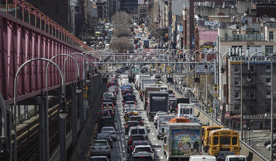 Congested traffic from Brooklyn enters Manhattan off the Williamsburg Bridge, March 28, 2019, in New York. (AP Photo/Mary Altaffer, File)