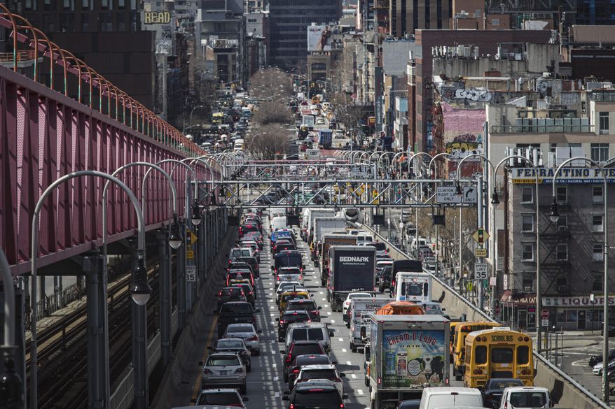 Congested traffic from Brooklyn enters Manhattan off the Williamsburg Bridge, March 28, 2019, in New York. (AP Photo/Mary Altaffer, File)