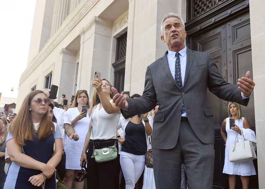 Attorney Robert F. Kennedy, Jr. speaks after a hearing challenging the constitutionality of the state legislature&#x27;s repeal of the religious exemption to vaccination on behalf of New York state families who held lawful religious exemptions, during a rally outside the Albany County Courthouse Aug. 14, 2019, in Albany, N.Y. Instagram and Facebook have suspended Children&#x27;s Health Defense from its platforms for repeated violations of its policies on COVID-19 misinformation. The nonprofit led by Robert Kennedy Jr. is regularly criticized by public health advocates for its misleading claims about vaccines and the COVID-19 pandemic. (AP Photo/Hans Pennink, File)