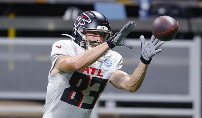 Atlanta Falcons wide receiver Jared Bernhardt (83) runs through a drill during the teams open practice in Atlanta, Ga. Monday, Aug. 15, 2022. Just two years after being honored as the nation’s top college lacrosse player, Bernhardt is trying to make it as an NFL receiver with the Atlanta Falcons.  (AP Photo/Todd Kirkland, File) **FILE**