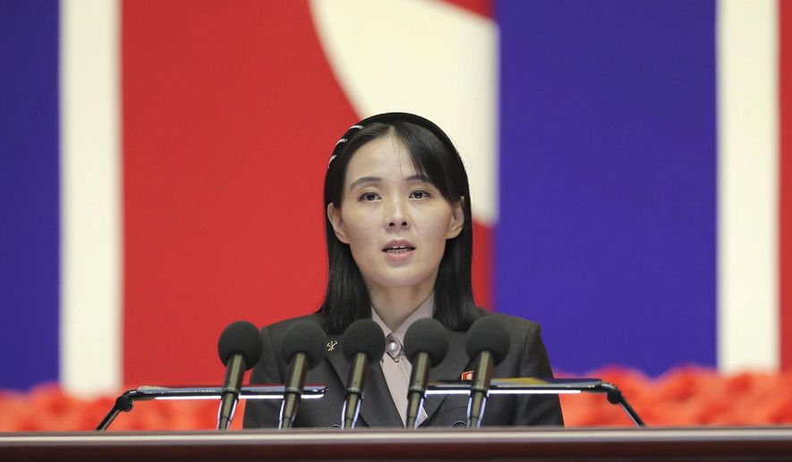 In this photo provided on Aug. 14, 2022, by the North Korean government, Kim Yo-jong, sister of North Korean leader Kim Jong-un, delivers a speech during the national meeting against the coronavirus, in Pyongyang, North Korea, on Wednesday, Aug. 10, 2022. In a Friday, Aug. 19, 2022, commentary published by local media, Kim says her country will never accept South Korean President Yoon Suk Yeol’s “foolish” offer of economic benefits in exchange for denuclearization steps, accusing Seoul of recycling past proposals Pyongyang already rejected. (Korean Central News Agency/Korea News Service via AP)
