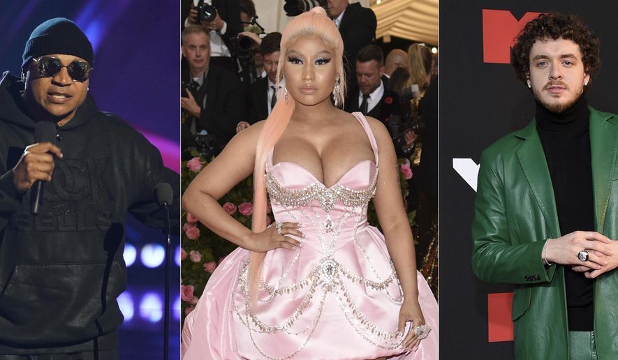 This combination of photos show LL Cool J hosting the iHeartRadio Music Awards in Los Angeles on March 22, 2022, left, Nicki Minaj at The Metropolitan Museum of Art&#39;s Costume Institute benefit gala in New York on May 6, 2019, center, and Jack Harlow at the MTV Video Music Awards in New York on Sept. 12, 2021. The rappers will host the MTV Video Music Awards on Aug. 28. (AP Photo)