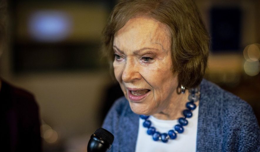 The former first lady Rosalynn Carter speaks to the press at conference at The Carter Center on Tuesday, Nov. 5, 2019, in Atlanta. On Thursday, Aug. 18, 2022, Carter, the second-oldest U.S. first lady ever, turns 95. (AP Photo/Ron Harris, File)