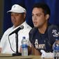 Navy&#x27;s Tai Lavatai speaks during a news conference at the Navy NCAA college football Fanfest Saturday, Aug. 6, 2022, in Annapolis, Md. (AP Photo/Tommy Gilligan) **FILE**