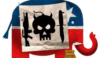 Illustration on labeling Republicans as terrorists by Alexander Hunter/The Washington Times