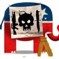 Illustration on labeling Republicans as terrorists by Alexander Hunter/The Washington Times