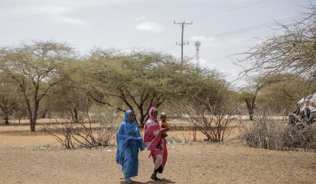 Women walk towards an open-air market in the village of Wagalla in northern Kenya Friday, Aug. 19, 2022. The United States is stepping up to buy about 150,000 metric tons of grain from Ukraine in the next few weeks for an upcoming shipment of food aid from ports no longer blockaded by war, the World Food Program chief has told The Associated Press. (AP Photo/Brian Inganga)