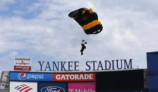 Members of the U.S. Army Golden Knights parachute into Yankee Stadium before a baseball game between the Toronto Blue Jays and the New York Yankees. Saturday, Aug. 20, 2022, in New York. (AP Photo/Noah K. Murray) **FILE**