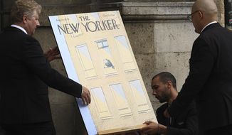 Workers adjust a big frontpage of a New Yorker issue before Jean-Jacques Sempe&#39;s funeral ceremony at the Saint-Germain-des-Pres church in Paris, Friday, Aug.19, 2022. Cartoonist Jean-Jacques Sempe, whose simple line drawings captured French life and won international acclaim on the covers of New Yorker magazine, has died on Aug.11, 2022. He was 89. (AP Photo/Aurelien Morissard)