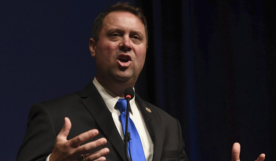 Dan Cox, a candidate for the Maryland Republican gubernatorial nomination, speaks during the gubernatorial forum, Saturday, Aug. 20, 2022, in Ocean City, Md. (AP Photo/Todd Dudek)