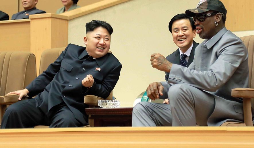 In this photo provided by the North Korean government, North Korean leader Kim Jong Un, left, talks with former NBA player Dennis Rodman, right, as they watch an exhibition basketball game at an indoor stadium in Pyongyang on Jan. 8, 2014. The content of this image is as provided and cannot be independently verified. (Korean Central News Agency/Korea News Service via AP, File)