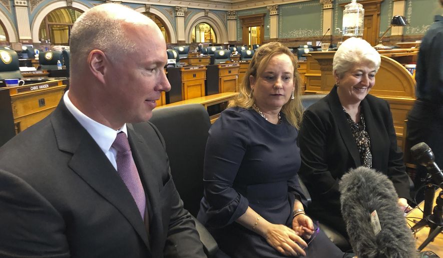 Colorado Republican Sen. Kevin Priola, left, Democratic House Speaker KC Becker, center, and Democratic Sen. Lois Court discuss a proposed ballot initiative to let the state keep excess tax revenue in Denver on March 20, 2019. Citing alarm toward the Republican Party&#39;s widespread embrace of 2020 election conspiracies, a moderate GOP Colorado state senator has switched his affiliation to Democrat. Priola&#39;s decision, announced on Monday, Aug. 22, 2022, enhances Democrats&#39; chances of retaining their majority in the chamber in the November midterms. (AP Photo/Jim Anderson,File)