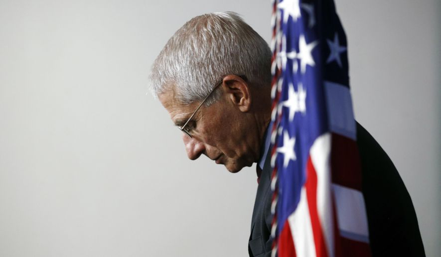 FILE - Dr. Anthony Fauci, director of the National Institute of Allergy and Infectious Diseases, listens as President Donald Trump speaks during a coronavirus task force briefing at the White House, April 4, 2020, in Washington. Fauci, the nation's top infectious disease expert who became a household name, and the subject of partisan attacks, during the COVID-19 pandemic, announced Monday he will depart the federal government in December after more than 5 decades of service. (AP Photo/Patrick Semansky)