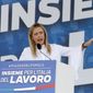 Fratelli d&#39; Italia (Brothers of Italy) party leader Giorgia Meloni speaks during a center-right opposition rally in Rome&#39;s central Piazza del Popolo, Saturday, July 4, 2020. The far-right candidate, who aspires to be Italy’s first female premier, came under fire Monday Aug. 22, 2022 from opponents for posting a pixelized video that purports to show a woman being raped by an asylum seeker. (AP Photo/Riccardo De Luca, File)