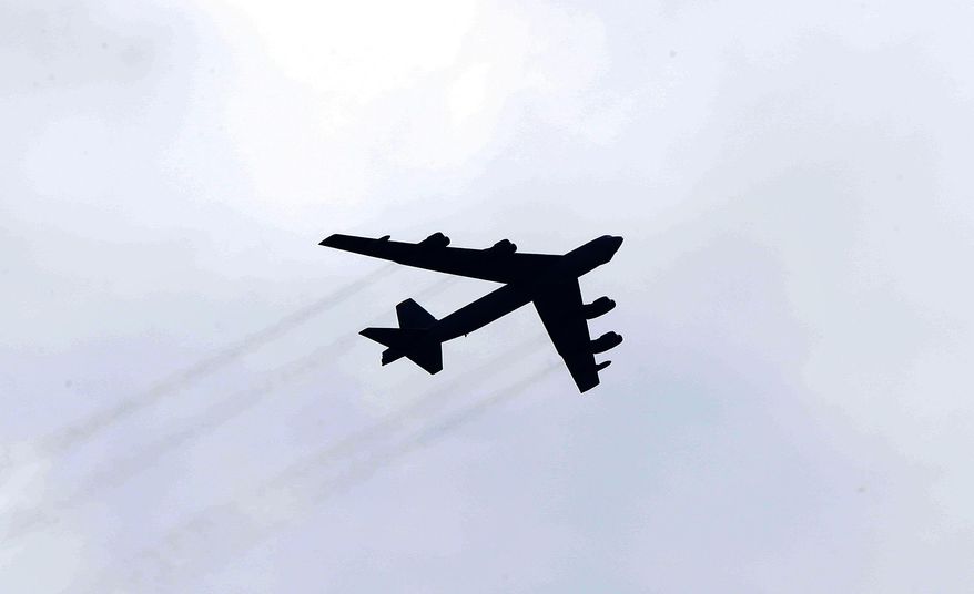 U.S. Air Force B-52 Stratofortress aircraft flies over North Macedonia&#39;s capital Skopje, on Monday, Aug. 22, 2022. Two U.S. Air Force B-52 Stratofortress aircraft assigned to the 23rd Bomb Squadron currently operating out of RAF Fairford, United Kingdom, conducted low approach flyovers on Monday over Southeastern Europe, including North Macedonia, Albania, Montenegro and Croatia. The purpose of each flyover is to demonstrate U.S. commitment and assurance to NATO Allies and partners located in Southeastern Europe. (AP Photo/Boris Grdanoski)
