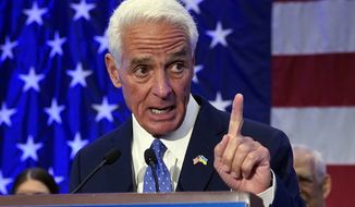 Democratic gubernatorial candidate Rep Charlie Crist, D-Fla., gestures as he speaks to supporters after declaring victory Tuesday, Aug. 23, 2022, in St. Petersburg, Fla. Crist defeated Agriculture Commissioner Nikki Fried in the primary and will face incumbent Republican Gov. Ron DeSantis in November. (AP Photo/Chris O&#39;Meara)