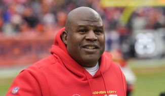 Kansas City Chiefs offensive coordinator Eric Bieniemy is shown before an NFL football game against the Denver Broncos, Saturday, Jan. 8, 2022, in Denver. Bieniemy is still waiting to land a head coaching job after interviewing with 14 teams over the last four years. (AP Photo/David Zalubowski, File) **FILE**