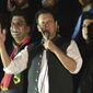 Pakistan&#39;s former Prime Minister Imran Khan, center, addresses during an anti-government rally in Islamabad, Pakistan, Saturday, Aug. 20, 2022. A Pakistani court on Tuesday, Aug. 23, 2022, was expected to initiate contempt proceedings against Khan for threatening a judge in a recent rally speech as pressure on the ousted premier intensified with police raiding the apartment of his close aide in the capital, and taking the associate away for interrogation. (AP Photo/W.K. Yousafzai)