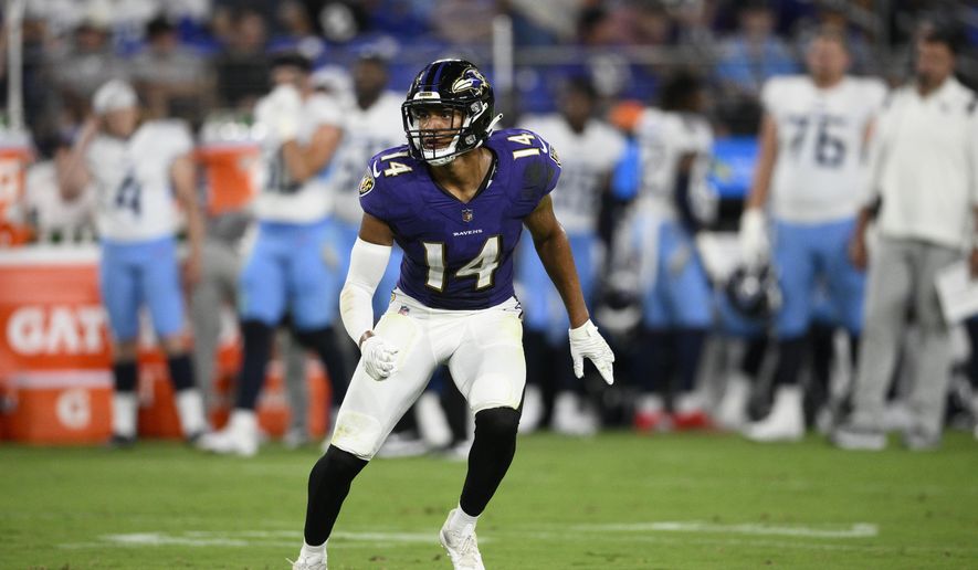 Baltimore Ravens safety Kyle Hamilton falls back while defending against the Tennessee Titans during the first half of a preseason NFL football game, Thursday, Aug. 11, 2022, in Baltimore. (AP Photo/Nick Wass) **FILE**