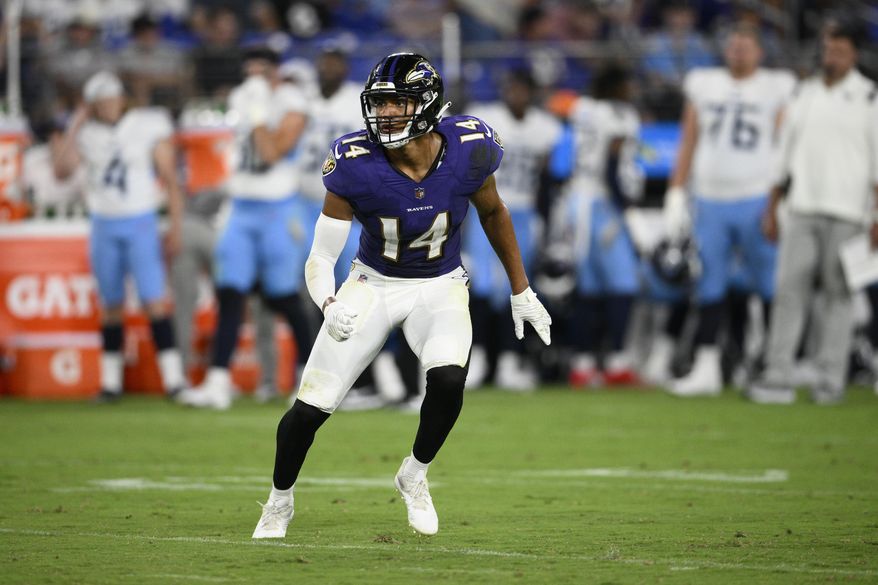 Baltimore Ravens safety Kyle Hamilton falls back while defending against the Tennessee Titans during the first half of a preseason NFL football game, Thursday, Aug. 11, 2022, in Baltimore. (AP Photo/Nick Wass) **FILE**