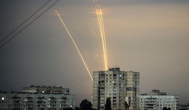 Russian rockets are launched against Ukraine from Russia&#x27;s Belgorod region at dawn in Kharkiv, Ukraine, Aug. 15, 2022. (AP Photo/Vadim Belikov, File)