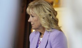 First lady Jill Biden visits the Congress Library, July 12, 2022 on Capitol Hill in Washington. First lady Jill Biden has tested positive for COVID-19 again in an apparent “rebound” case, after she initially tested negative for the virus over the weekend. (AP Photo/Mariam Zuhaib, File)  **FILE**