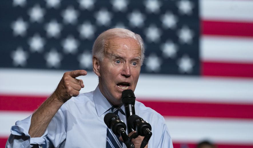 President Joe Biden speaks during a rally for the Democratic National Committee at Richard Montgomery High School, Thursday, Aug. 25, 2022, in Rockville, Md. (AP Photo/Alex Brandon)