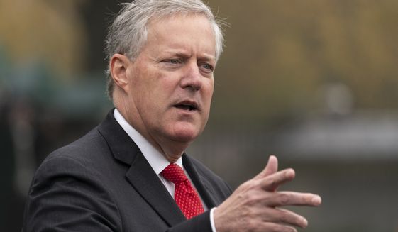 Then-White House Chief of Staff Mark Meadows speaks with reporters at the White House, Oct. 21, 2020, in Washington. (AP Photo/Alex Brandon) ** FILE **