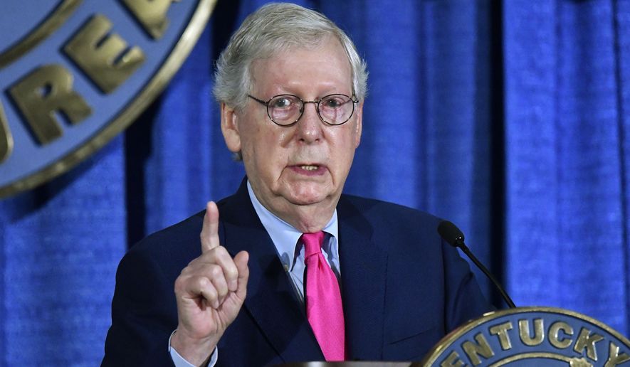 Senate Minority Leader Mitch McConnell of Ky. addresses the audience at the Kentucky Farm Bureau Ham Breakfast at the Kentucky State Fair in Louisville, Ky., Thursday, Aug. 25, 2022. (AP Photo/Timothy D. Easley)
