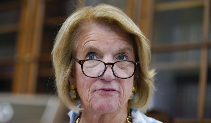 Senator Shelley Moore Capito, R-W.Va., asks question during a Senate Rules and Administration Committee hearing to examine the Electoral Count Act, Wednesday, Aug. 3, 2022, on Capitol Hill in Washington. (AP Photo/Mariam Zuhaib)