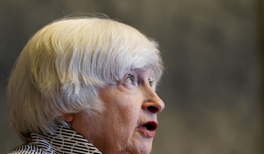 FILE - Treasury Secretary Janet Yellen speaks about the economy during a news conference at the Treasury Department, July 28, 2022, in Washington. The Treasury Department is facing pushback from the cryptocurrency industry over sanctions imposed on a firm accused of helping to launder billions of dollars, with some funds going to North Korean hackers. (AP Photo/Jacquelyn Martin, File)