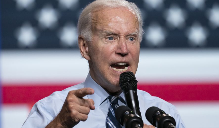 President Joe Biden speaks during a rally for the Democratic National Committee at Richard Montgomery High School, Thursday, Aug. 25, 2022, in Rockville, Md. (AP Photo/Alex Brandon)