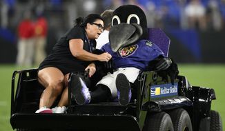 Poe, the Baltimore Ravens&#x27; mascot, sits on a medical cart during halftime of a preseason NFL football game between the Ravens and the Washington Commanders, Saturday, Aug. 27, 2022, in Baltimore. (AP Photo/Nick Wass) **FILE**