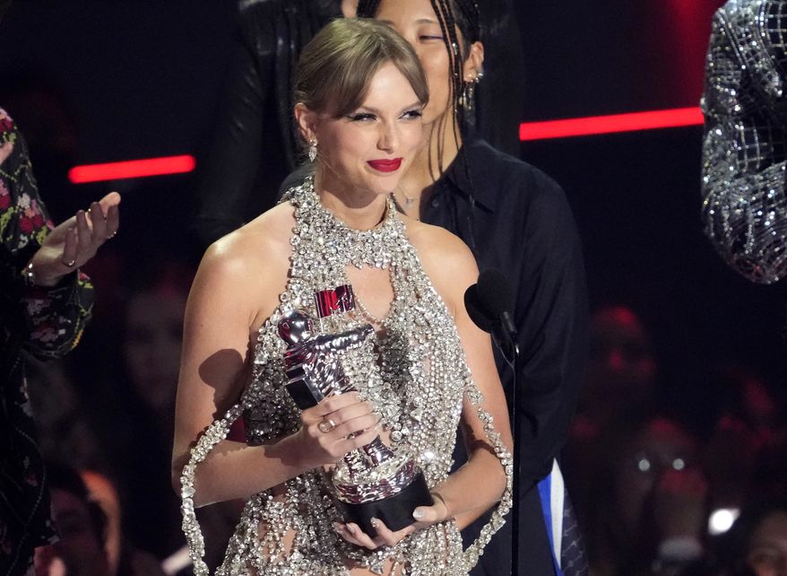 Taylor Swift accepts the award for video of the year for &quot;All Too Well&quot; (10 Minute Version) (Taylor&#39;s Version) at the MTV Video Music Awards at the Prudential Center on Sunday, Aug. 28, 2022, in Newark, N.J. (Photo by Charles Sykes/Invision/AP)
