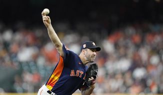 Houston Astros starting pitcher Justin Verlander throws against the Baltimore Orioles during the first inning of a baseball game Sunday, Aug. 28, 2022, in Houston. (AP Photo/David J. Phillip)