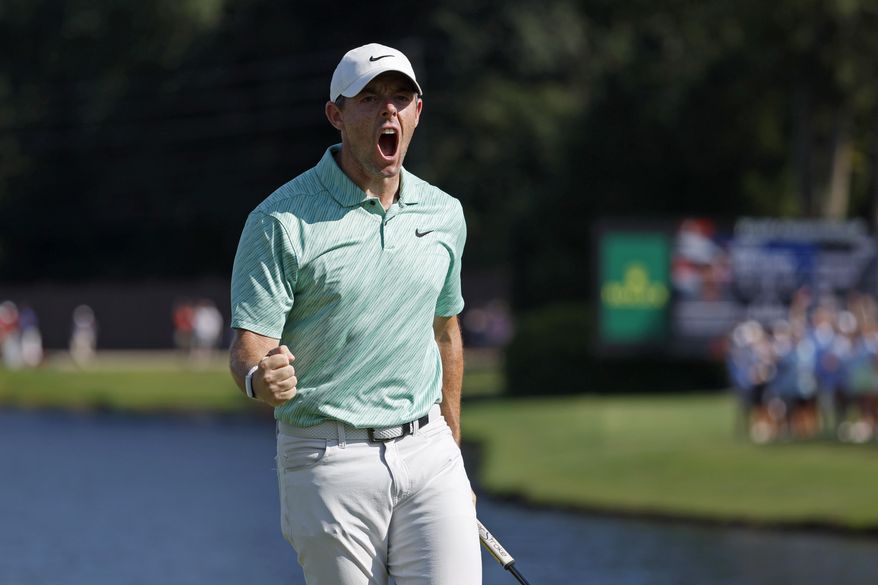 Rory McIlroy reacts after making a birdie putt on the fifteenth green during the final round of the Tour Championship golf tournament at East Lake Golf Club Sunday, Aug. 28, 2022, in Atlanta. (Jason Getz/Atlanta Journal-Constitution via AP) **FILE**